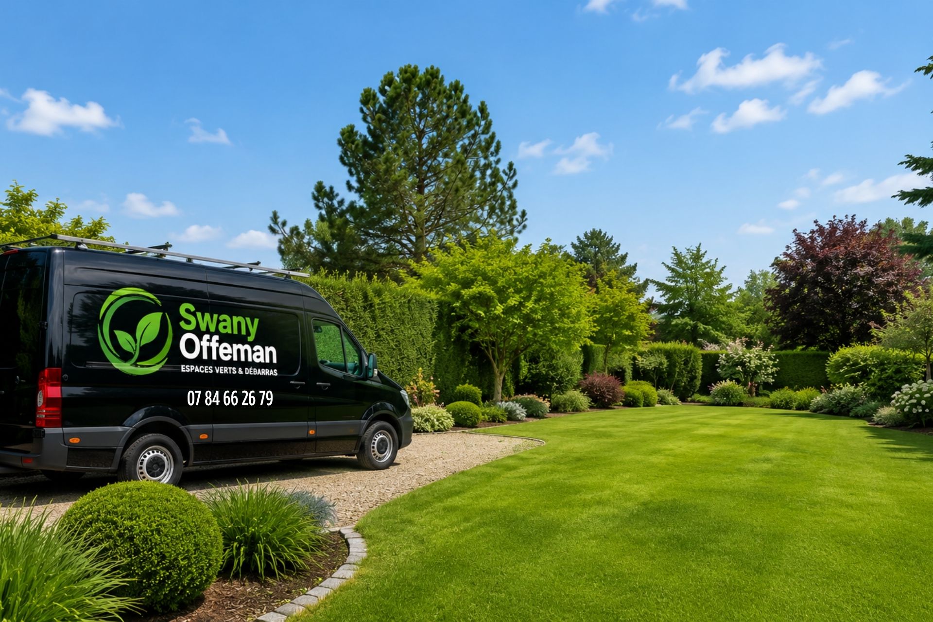 Camion noir Swany Offeman stationné dans un jardin paysager avec pelouse verte, arbustes taillés et massifs de fleurs en