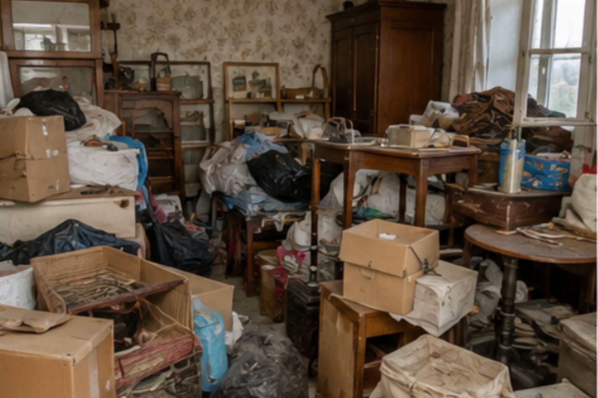 Pièce encombrée avec meubles en bois, cartons de déménagement et objets accumulés sur le sol et tables