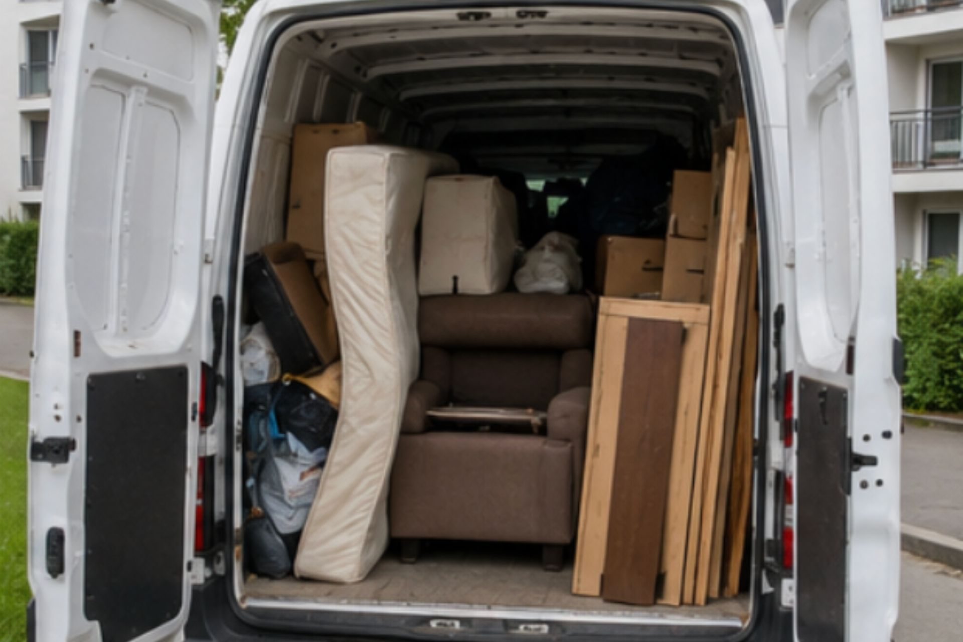 Camionnette blanche remplie de meubles, matelas et cartons lors d'un service de débarras