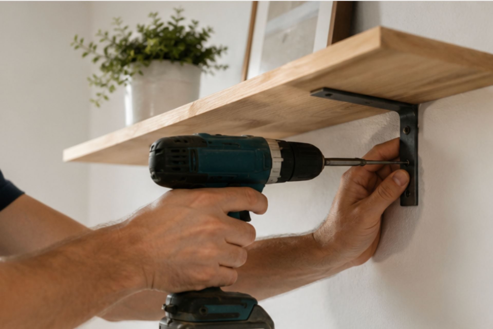 Homme installant une étagère murale en bois clair avec une visseuse électrique sur un mur blanc