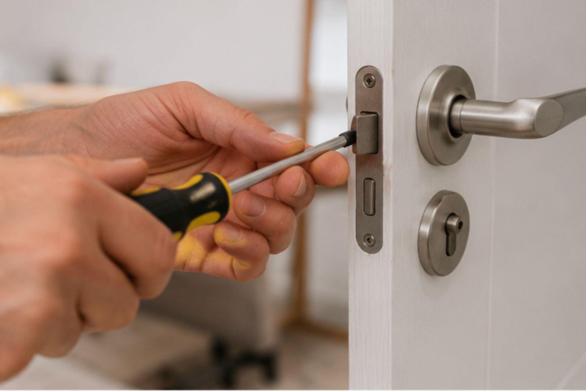 Main tenant un tournevis effectuant des travaux de serrurerie sur une porte avec poignée et mécanisme de verrouillage en inox