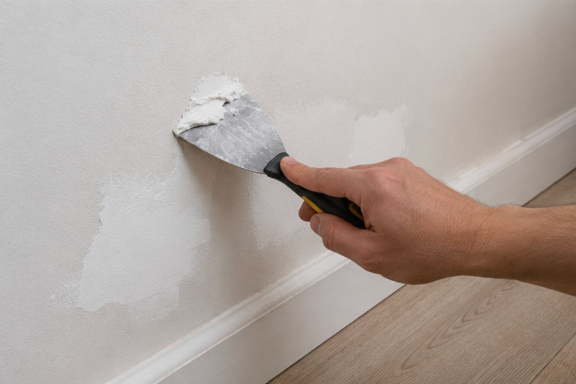 Ouvrier appliquant du composé de finition blanc sur une paroi murale avec un couteau à enduire