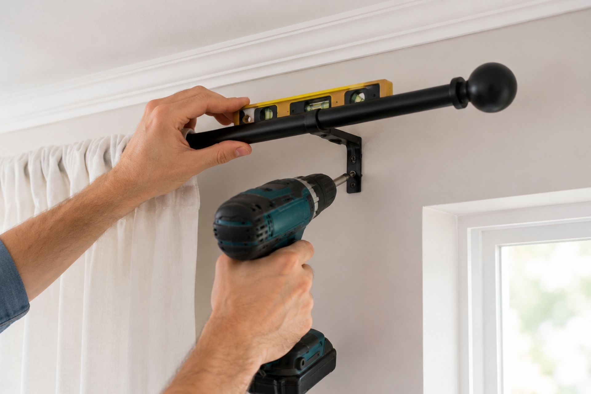 Ouvrier installant une tringle à rideau noire au mur avec une perceuse visseuse et un niveau à bulle