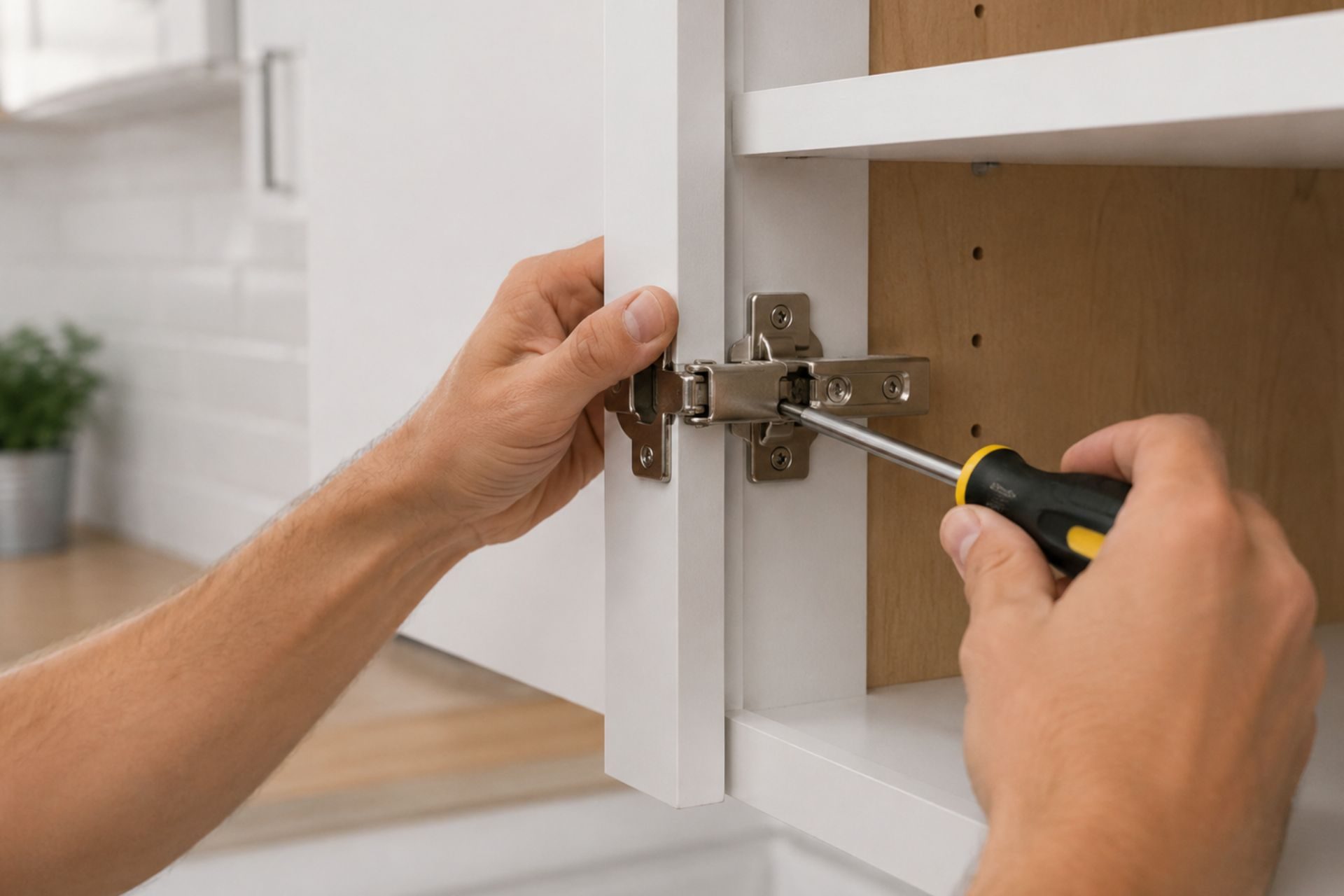 Artisan ajustant une charnière métallique sur une porte de meuble blanc avec tournevis