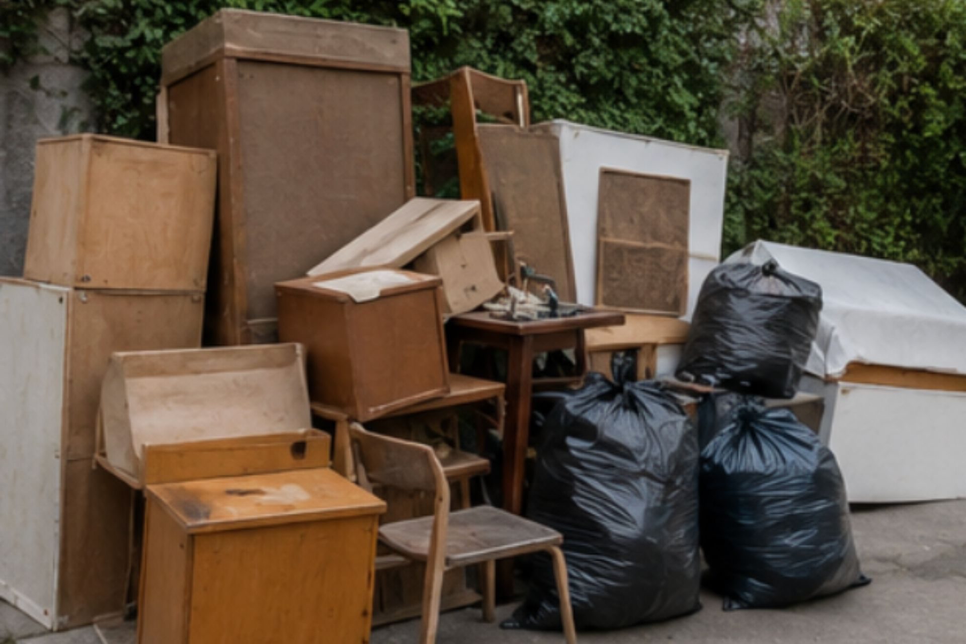 Pile de meubles en bois et sacs de déchets noirs lors d'un débarras