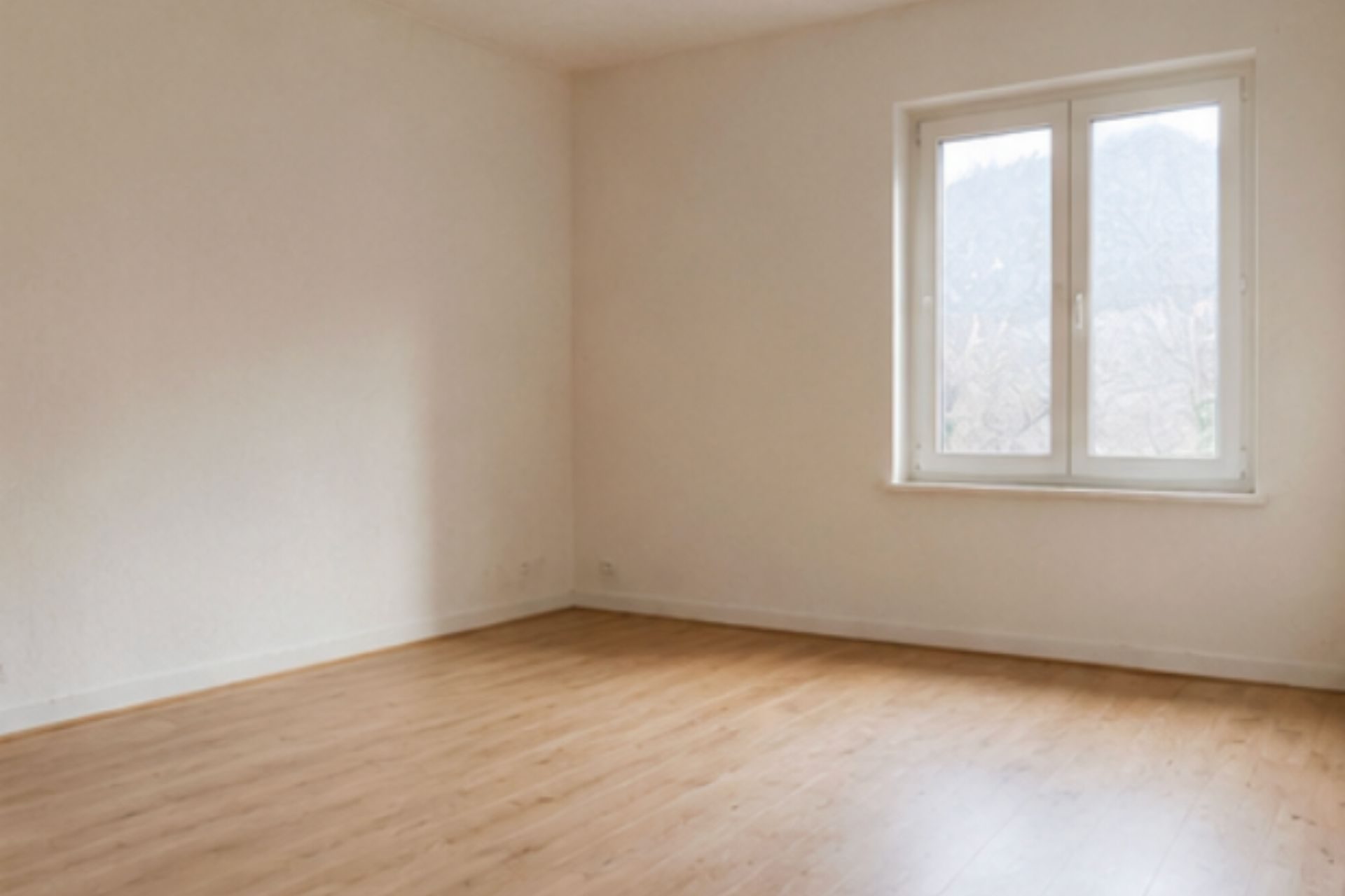 Pièce vide avec murs blancs, plancher en bois clair et fenêtre double vitrage donnant sur l'extérieur