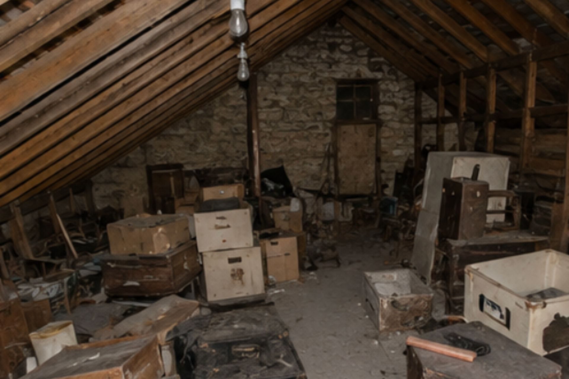Grenier encombré avec meubles, cartons et objets accumulés sous charpente en bois et murs en pierre