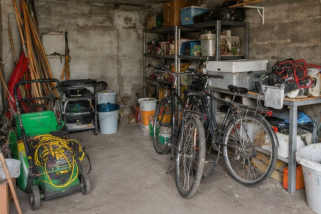 Garage encombré avec vélos, poussettes, outils de jardinage et divers cartons de rangement empilés