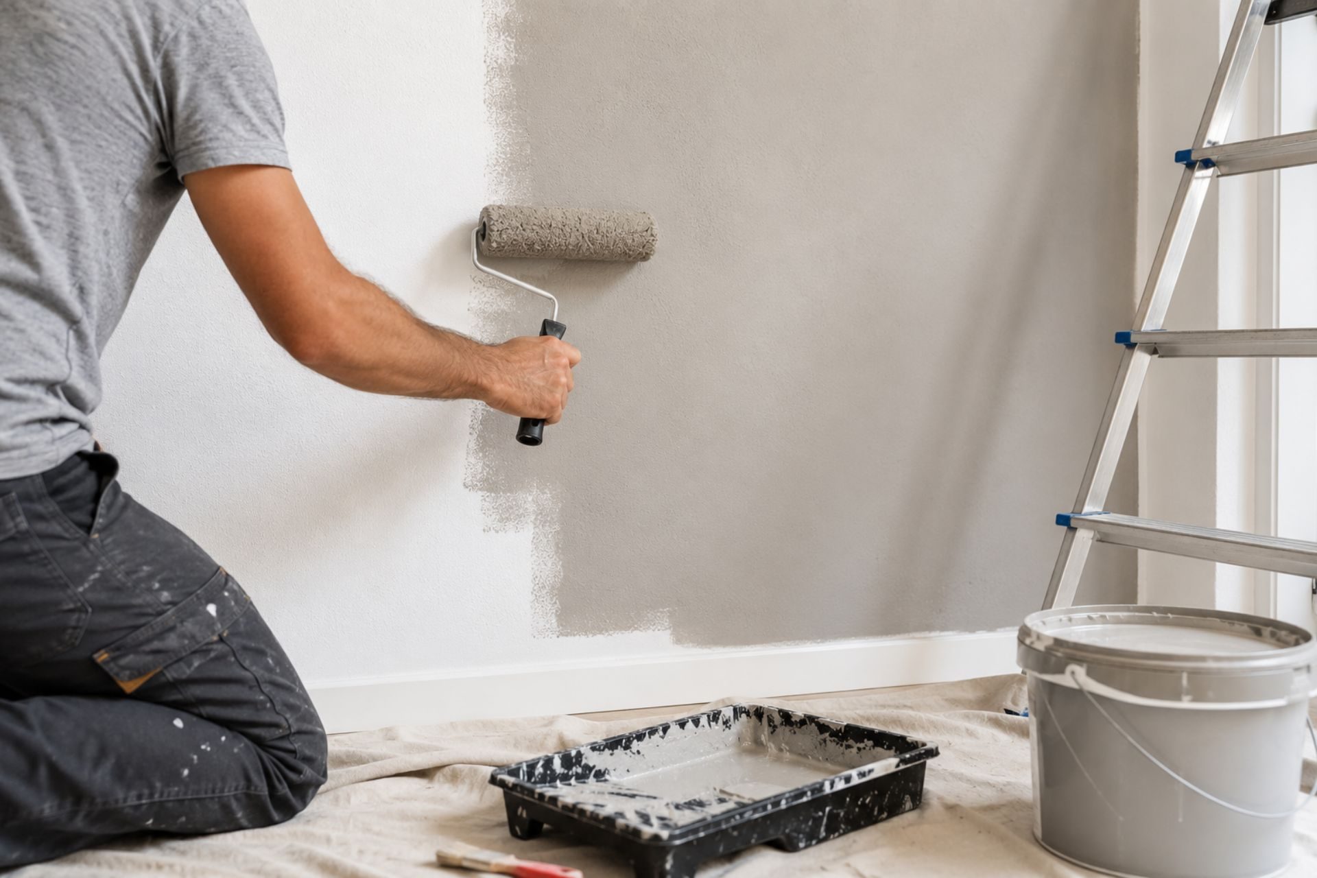 Ouvrier en train de peindre un mur blanc avec un rouleau, échelle et seau de peinture visibles