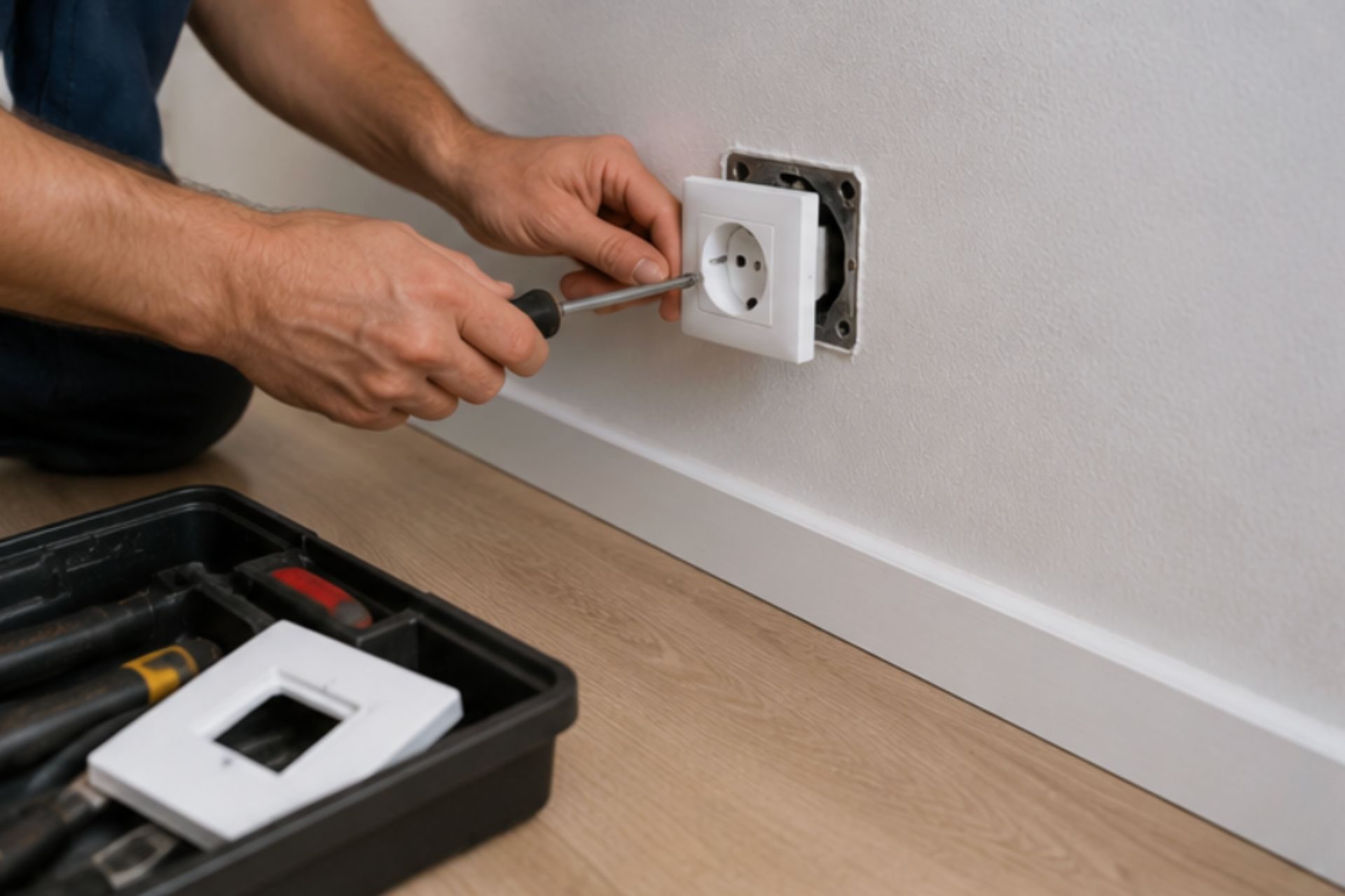 Technicien installant une prise électrique blanche sur mur gris avec tournevis, boîte de dérivation visible